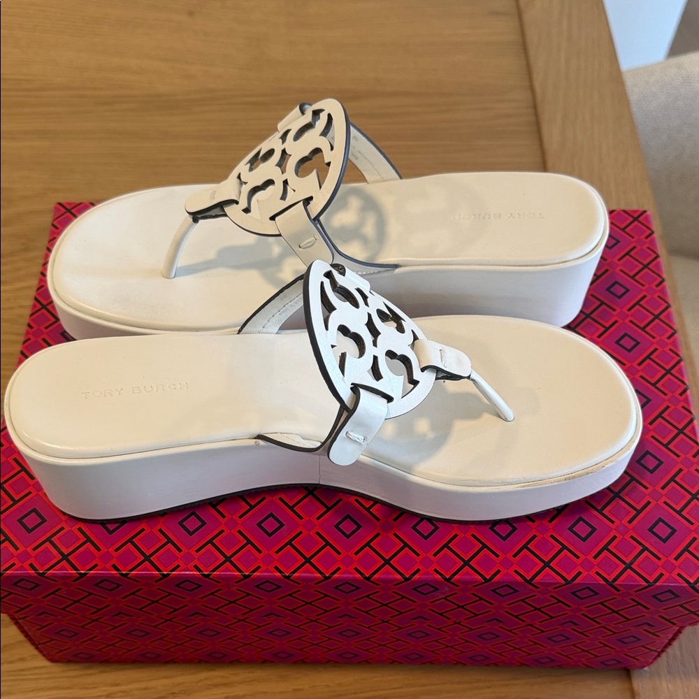 Tory Burch White Platform Miller Logo Thong Sandals